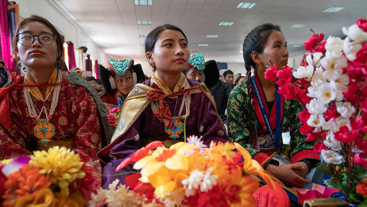 Some of the more than 1500 students, many in traditional dress, watching as HIs Holiness the Dalai Lama arrives on stage at Eliezer Joldan Memorial College in Leh, Ladakh, J&K, India on August 2, 2018. Photo by Tenzin Choejor Some of the more than 1500 students, many in traditional dress, watching as HIs Holiness the Dalai Lama arrives on stage at Eliezer Joldan Memorial College in Leh, Ladakh, J&K, India on August 2, 2018. Photo by Tenzin Choejor