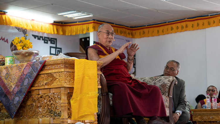His Holiness the Dalai Lama speaking to students and staff at Eliezer Joldan Memorial College in Leh, Ladakh, J&K, India on August 2, 2018. Photo by Tenzin Choejor His Holiness the Dalai Lama speaking to students and staff at Eliezer Joldan Memorial College in Leh, Ladakh, J&K, India on August 2, 2018. Photo by Tenzin Choejor