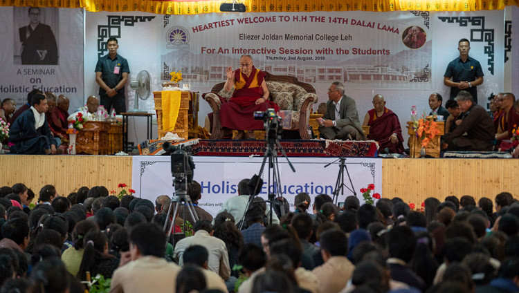 A view of the stage as His Holiness the Dalai Lama answers question from the audience during his talk at Eliezer Joldan Memorial College in Leh, Ladakh, J&K, India on August 2, 2018. Photo by Tenzin Choejor A view of the stage as His Holiness the Dalai Lama answers question from the audience during his talk at Eliezer Joldan Memorial College in Leh, Ladakh, J&K, India on August 2, 2018. Photo by Tenzin Choejor