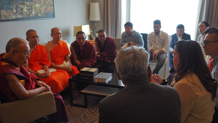 His Holiness the Dalai Lama meeting with members of a a Thai-Tibetan Exchange Program in New Delhi, India on August 5, 2018. Photo by Jeremy Russell His Holiness the Dalai Lama meeting with members of a a Thai-Tibetan Exchange Program in New Delhi, India on August 5, 2018. Photo by Jeremy Russell