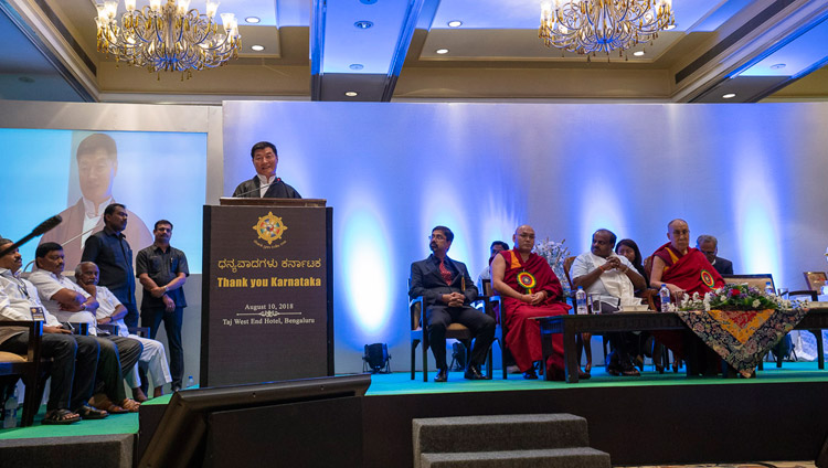 Central Tibetan Administration President Dr Lobsang Sangay addressing the audience at the Thank You Karnataka program in Bengaluru, Karnataka, India on August 10, 2018. Photo by Tenzin Choejor Central Tibetan Administration President Dr Lobsang Sangay addressing the audience at the Thank You Karnataka program in Bengaluru, Karnataka, India on August 10, 2018. Photo by Tenzin Choejor