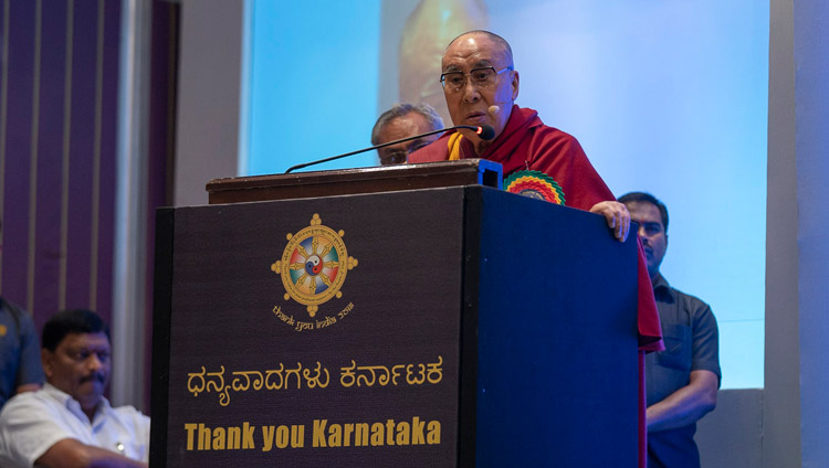 His Holiness the Dalai Lama addressing the audience at the Thank You Karnataka program in Bengaluru, Karnataka, India on August 10, 2018. Photo by Tenzin Choejor His Holiness the Dalai Lama addressing the audience at the Thank You Karnataka program in Bengaluru, Karnataka, India on August 10, 2018. Photo by Tenzin Choejor