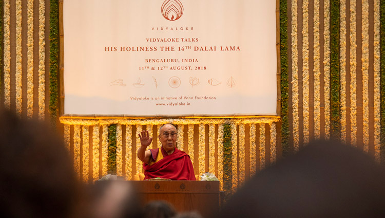 His Holiness the Dalai Lama addressing the audience during his talk in Bengaluru, Karnataka, India on August 12, 2018. Photo by Tenzin Choejor His Holiness the Dalai Lama addressing the audience during his talk in Bengaluru, Karnataka, India on August 12, 2018. Photo by Tenzin Choejor