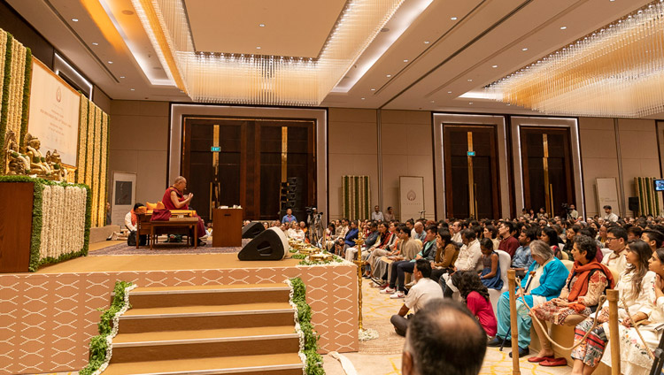 A view of the stage at the Conrad Hotel ballroom during His Holiness the Dalai Lama's talk in Bengaluru, Karnataka, India on August 12, 2018. Photo by Tenzin Choejor A view of the stage at the Conrad Hotel ballroom during His Holiness the Dalai Lama's talk in Bengaluru, Karnataka, India on August 12, 2018. Photo by Tenzin Choejor