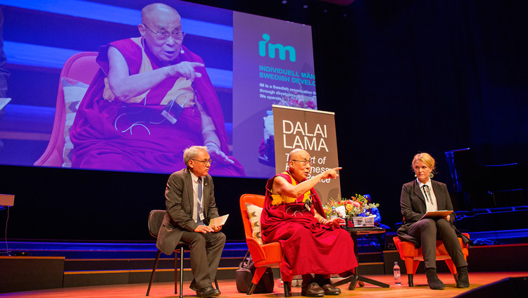 His Holiness the Dalai Lama answering questions from the audience during his talk in Malmö, Sweden on September 12, 2018. Photo by Malin Kihlström/IM His Holiness the Dalai Lama answering questions from the audience during his talk in Malmö, Sweden on September 12, 2018. Photo by Malin Kihlström/IM
