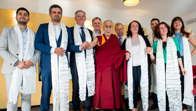 Dutch Parliamentarians wearing traditional white scarves presented by His Holiness the Dalai Lama after their meeting in Rotterdam, the Netherlands on September 17, 2018. Photo by Jurjen Donkers Dutch Parliamentarians wearing traditional white scarves presented by His Holiness the Dalai Lama after their meeting in Rotterdam, the Netherlands on September 17, 2018. Photo by Jurjen Donkers