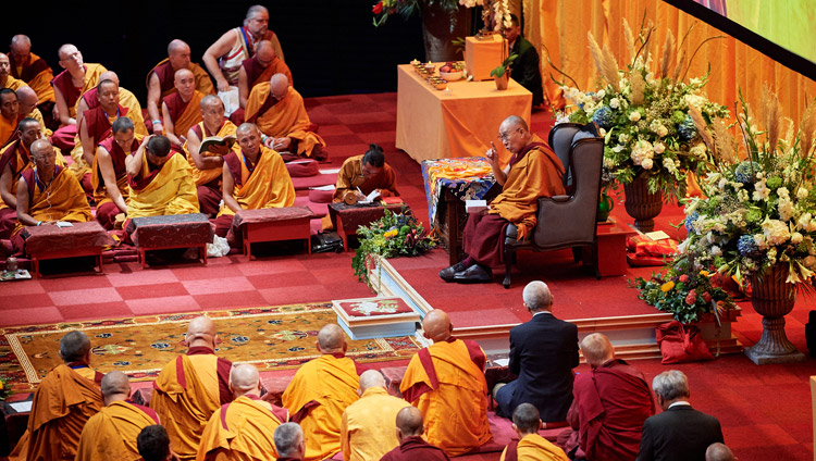 His Holiness the Dalai Lama speaking during his teaching at the Ahoy Arena in Rotterdam, the Netherlands on September 17, 2018. Photo by Olivier Adam His Holiness the Dalai Lama speaking during his teaching at the Ahoy Arena in Rotterdam, the Netherlands on September 17, 2018. Photo by Olivier Adam