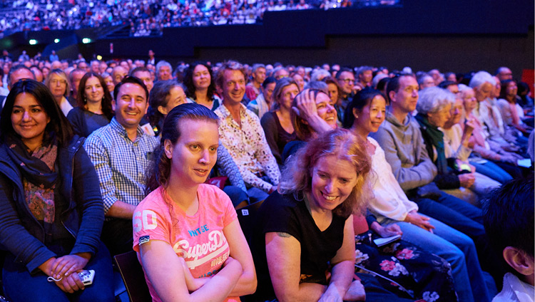 Members of the audience listening to His Holiness the Dalai Lama during his teaching at the Ahoy Arena in Rotterdam, the Netherlands on September 17, 2018. Photo by Olivier Adam Members of the audience listening to His Holiness the Dalai Lama during his teaching at the Ahoy Arena in Rotterdam, the Netherlands on September 17, 2018. Photo by Olivier Adam