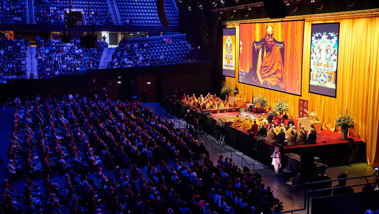 A view of the stage during His Holiness the Dalai Lama's teaching at the Ahoy Arena in Rotterdam, the Netherlands on September 17, 2018. Photo by Olivier Adam A view of the stage during His Holiness the Dalai Lama's teaching at the Ahoy Arena in Rotterdam, the Netherlands on September 17, 2018. Photo by Olivier Adam