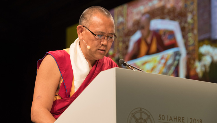 Rikon Abbot, Khenpo Thupten Legmon, delivering his opening address at Tibet Institute Rikon's 50th Anniversary Celebration in Winterthur, Switzerland on September 22, 2018. Photo by Manuel Bauer Rikon Abbot, Khenpo Thupten Legmon, delivering his opening address at Tibet Institute Rikon's 50th Anniversary Celebration in Winterthur, Switzerland on September 22, 2018. Photo by Manuel Bauer