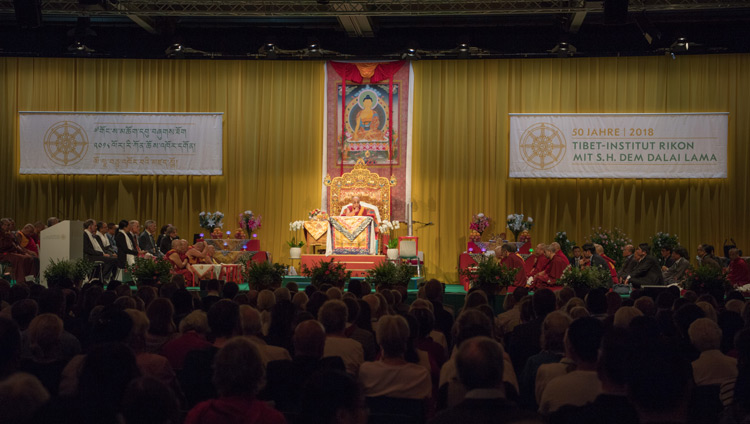 A view of the Eulachhalle arena as His Holiness the Dalai Lama addresses the audience during Tibet Institute Rikon's 50th Anniversary Celebration in Winterthur, Switzerland on September 22, 2018. Photo by Manuel Bauer A view of the Eulachhalle arena as His Holiness the Dalai Lama addresses the audience during Tibet Institute Rikon's 50th Anniversary Celebration in Winterthur, Switzerland on September 22, 2018. Photo by Manuel Bauer