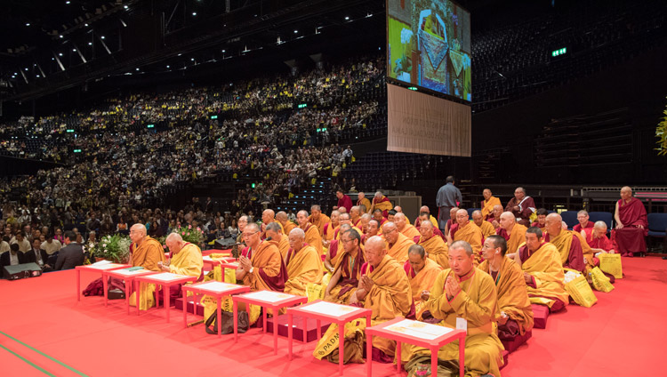 Senior members of the Tibetan monastic community sitting on stage at His Holiness the Dalai Lama's teaching at the Zurich Hallenstadion in Zurich, Switzerland on September 23, 2018. Photo by Manuel Bauer