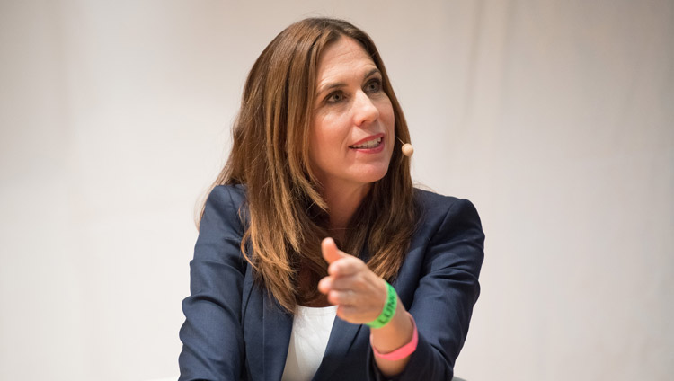 Moderator Swiss TV anchor Susanne Wille asking His Holiness the Dalai Lama a question during the panel discussion at the Zurich University of Applied Sciences in Winterthur, Switzerland on September 24, 2018. Photo by Manuel Bauer Moderator Swiss TV anchor Susanne Wille asking His Holiness the Dalai Lama a question during the panel discussion at the Zurich University of Applied Sciences in Winterthur, Switzerland on September 24, 2018. Photo by Manuel Bauer