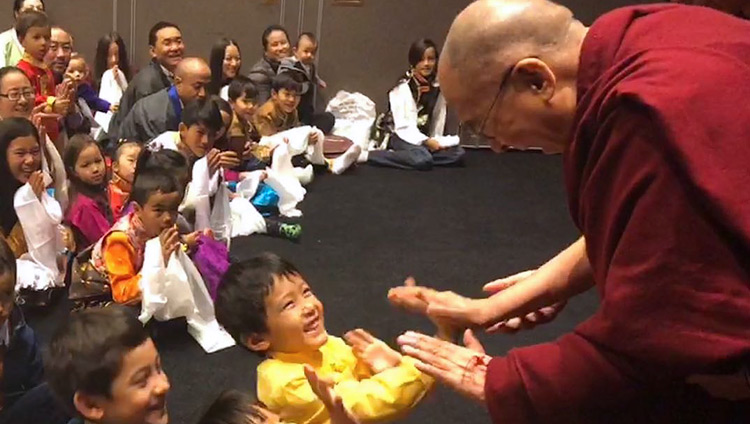 His Holiness the Dalai Lama playfully greeting young children as he arrives for his meeting with members of the Tibetan community and Tibet support groups in Malmö, Sweden on September 13, 2018. Photo by Tseten Samdup His Holiness the Dalai Lama playfully greeting young children as he arrives for his meeting with members of the Tibetan community and Tibet support groups in Malmö, Sweden on September 13, 2018. Photo by Tseten Samdup