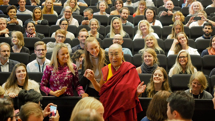 His Holiness the Dalai Lama posing for photos with members of the audience after his talk to students at Malmö University in Malmö, Sweden on September 13, 2018. Photo by Jeremy Russell His Holiness the Dalai Lama posing for photos with members of the audience after his talk to students at Malmö University in Malmö, Sweden on September 13, 2018. Photo by Jeremy Russell