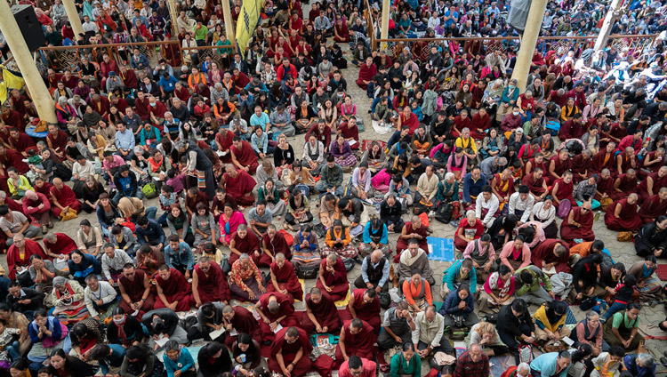 A view of the crowd sitting in the Main Tibetan Temple courtyard on the final day of His Holiness the Dalai Lama's teachings in Dharamsala, HP, India on October 6, 2018. Photo by Ven Tenzin Jamphel A view of the crowd sitting in the Main Tibetan Temple courtyard on the final day of His Holiness the Dalai Lama's teachings in Dharamsala, HP, India on October 6, 2018. Photo by Ven Tenzin Jamphel