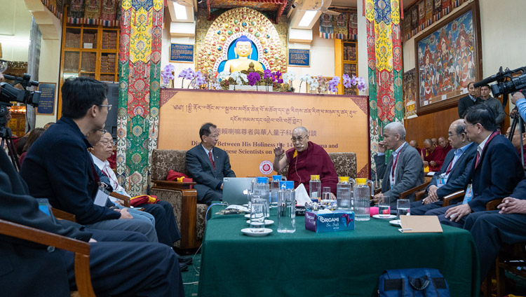 His Holiness the Dalai Lama opening the dialogue with Chinese scientists about quantum effects at the Main Tibetan Temple in Dharamsala, HP, India on November 1, 2018. Photo by Ven Tenzin Jamphel His Holiness the Dalai Lama opening the dialogue with Chinese scientists about quantum effects at the Main Tibetan Temple in Dharamsala, HP, India on November 1, 2018. Photo by Ven Tenzin Jamphel