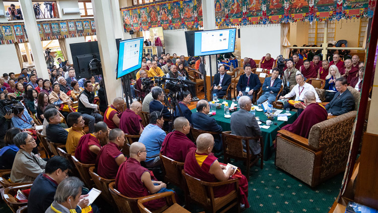 A view of inside the Main Tibetan Temple as His Holiness the Dalai Lama delivers his opening remarks on the first day of the dialogue with Chinese scientists about quantum effects in Dharamsala, HP, India on November 1, 2018. Photo by Ven Tenzin Jamphel A view of inside the Main Tibetan Temple as His Holiness the Dalai Lama delivers his opening remarks on the first day of the dialogue with Chinese scientists about quantum effects in Dharamsala, HP, India on November 1, 2018. Photo by Ven Tenzin Jamphel
