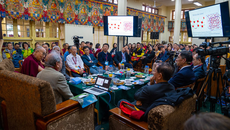 Prof Chung-Yuan Mou talking about water during his presentation on the second day of the Dialogue between His Holiness the Dalai Lama and Chinese Scientists on Quantum Effects at the Main Tibetan Temple in Dharamsala, HP, India on November 2, 2018. Photo by Ven Tenzin Jamphel Prof Chung-Yuan Mou talking about water during his presentation on the second day of the Dialogue between His Holiness the Dalai Lama and Chinese Scientists on Quantum Effects at the Main Tibetan Temple in Dharamsala, HP, India on November 2, 2018. Photo by Ven Tenzin Jamphel