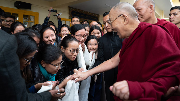 His Holiness the Dalai Lama interacting with members of the audience as he departs from the Main Tibetan Temple for his residence at the conclusion of the second day of the dialogue with Chinese scientists on quantum effects in Dharamsala, HP, India on November 2, 2018. Photo by Ven Tenzin Jamphel His Holiness the Dalai Lama interacting with members of the audience as he departs from the Main Tibetan Temple for his residence at the conclusion of the second day of the dialogue with Chinese scientists on quantum effects in Dharamsala, HP, India on November 2, 2018. Photo by Ven Tenzin Jamphel