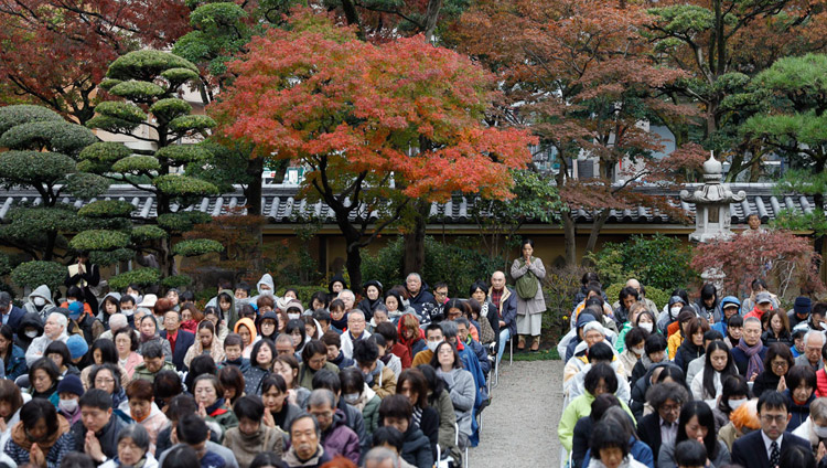 Some of the more than 1500 people attending His Holiness the Dalai Lama's talk sitting in the courtyard outside Tochoji Temple in Fuukuoka, Japan on November 22, 2018. Photo by Tenzin Jigme Some of the more than 1500 people attending His Holiness the Dalai Lama's talk sitting in the courtyard outside Tochoji Temple in Fuukuoka, Japan on November 22, 2018. Photo by Tenzin Jigme
