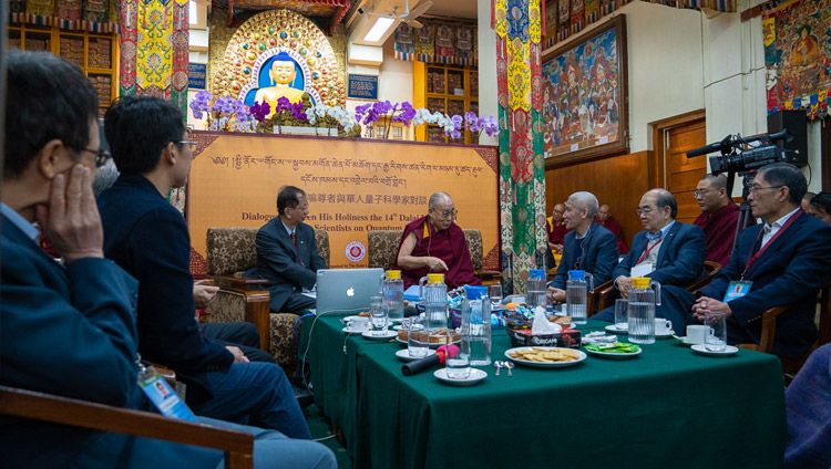 His Holiness the Dalai Lama answering questions from fellow panelists on the third day of the dialogue with Chinese Scientists about quantum effects at the Main Tibetan Temple in Dharamsala, HP, India on November 3, 2018. Photo by Ven Tenzin Jamphel His Holiness the Dalai Lama answering questions from fellow panelists on the third day of the dialogue with Chinese Scientists about quantum effects at the Main Tibetan Temple in Dharamsala, HP, India on November 3, 2018. Photo by Ven Tenzin Jamphel