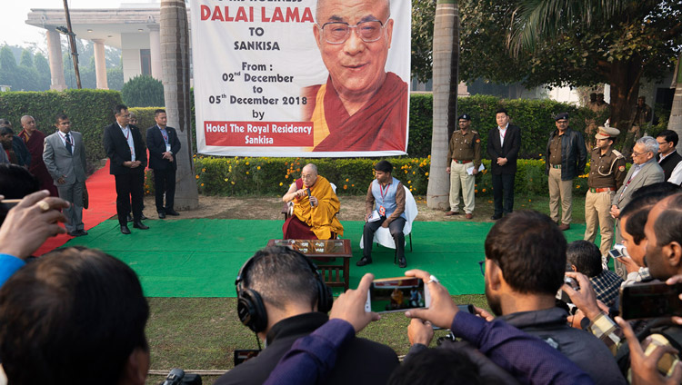 His Holiness the Dalai Lama meeting with members of the local media on the lawn of his hotel in Sankisa, UP, India on December 4, 2018. Photo by Lobsang Tsering His Holiness the Dalai Lama meeting with members of the local media on the lawn of his hotel in Sankisa, UP, India on December 4, 2018. Photo by Lobsang Tsering