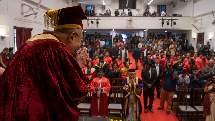 His Holiness the Dalai Lama bowing to the audience as he arrives on stage for Founder’s Day celebrations at St Stephen's College in New Delhi, India on December 7, 2018. Photo by Lobsang Tsering His Holiness the Dalai Lama bowing to the audience as he arrives on stage for Founder’s Day celebrations at St Stephen's College in New Delhi, India on December 7, 2018. Photo by Lobsang Tsering