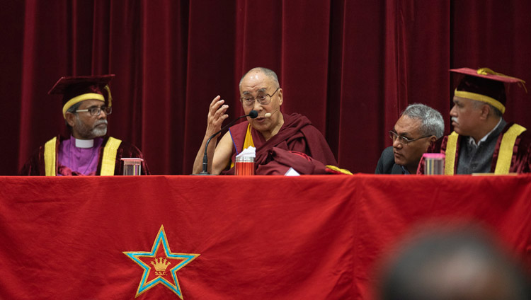 His Holiness the Dalai Lama addressing the gathering at the St Stephen's College Founder's Day celebration in New Delhi, India on December 7, 2018. Photo by Lobsang Tsering His Holiness the Dalai Lama addressing the gathering at the St Stephen's College Founder's Day celebration in New Delhi, India on December 7, 2018. Photo by Lobsang Tsering