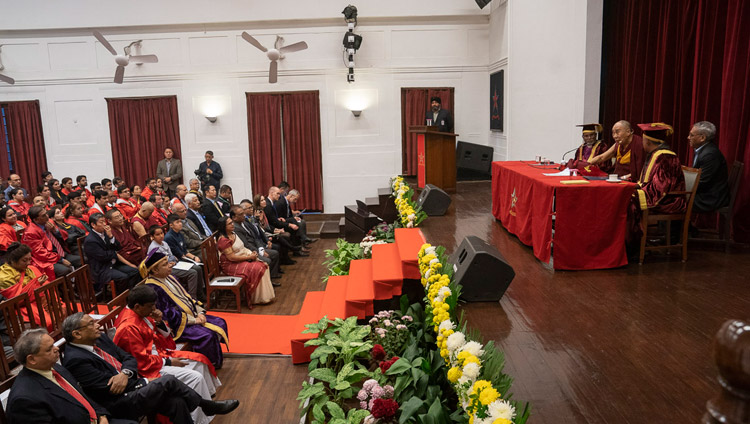 His Holiness the Dalai Lama speaking at St Stephen's College Founder's Day celebration in New Delhi, India on December 7, 2018. Photo by Lobsang Tsering His Holiness the Dalai Lama speaking at St Stephen's College Founder's Day celebration in New Delhi, India on December 7, 2018. Photo by Lobsang Tsering