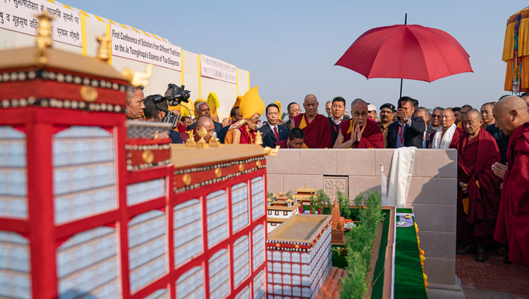 His Holiness the Dalai Lama laying the foundation stone for the prospective Samye Ling Tibetan Buddhist Nalanda Academy in Bodhgaya, Bihar, India on December 19, 2018. Photo by Lobsang Tsering His Holiness the Dalai Lama laying the foundation stone for the prospective Samye Ling Tibetan Buddhist Nalanda Academy in Bodhgaya, Bihar, India on December 19, 2018. Photo by Lobsang Tsering