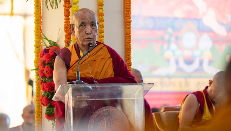 Ganden Tri Rinpoché speaking at the Conference on Tsongkhapa's ‘Essence of True Eloquence’ in Bodhgaya, Bihar, India on December 19, 2018. Photo by Lobsang Tsering Ganden Tri Rinpoché speaking at the Conference on Tsongkhapa's ‘Essence of True Eloquence’ in Bodhgaya, Bihar, India on December 19, 2018. Photo by Lobsang Tsering