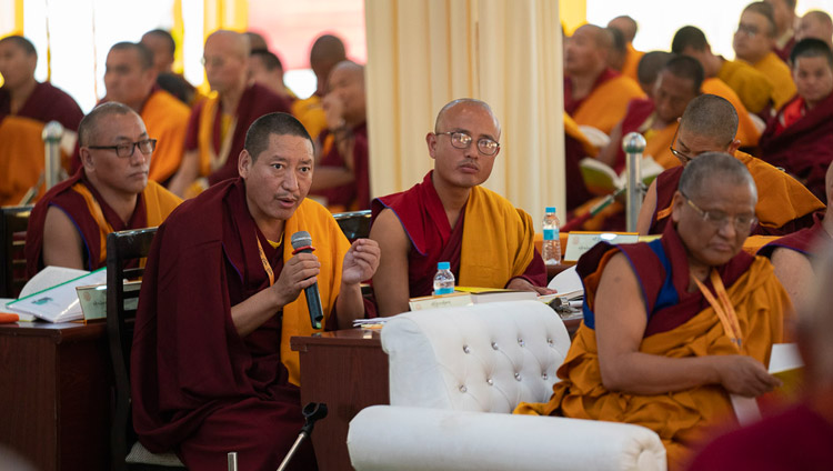 Ganden Shartse Geshe Gyaltsen Wangdu delivering his presentation at the Conference on Tsongkhapa's ‘Essence of True Eloquence’ in Bodhgaya, Bihar, India on December 19, 2018. Photo by Lobsang Tsering Ganden Shartse Geshe Gyaltsen Wangdu delivering his presentation at the Conference on Tsongkhapa's ‘Essence of True Eloquence’ in Bodhgaya, Bihar, India on December 19, 2018. Photo by Lobsang Tsering