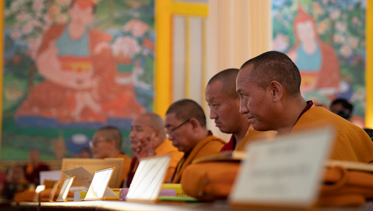 Participating scholars listening to His Holiness the Dalai Lama speaking at the First Conference on Tsongkhapa's ‘Essence of True Eloquence’ in Bodhgaya, Bihar, India on December 19, 2018. Photo by Lobsang Tsering Participating scholars listening to His Holiness the Dalai Lama speaking at the First Conference on Tsongkhapa's ‘Essence of True Eloquence’ in Bodhgaya, Bihar, India on December 19, 2018. Photo by Lobsang Tsering