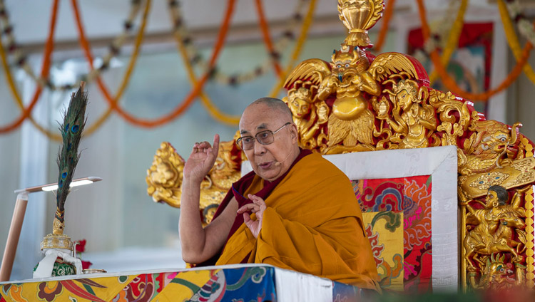 His Holiness the Dalai Lama speaking on the first day of the Manjushri Cycle of Teachings in Bodhgaya, Bihar, India on December 28, 2018. Photo by Lobsang Tsering His Holiness the Dalai Lama speaking on the first day of the Manjushri Cycle of Teachings in Bodhgaya, Bihar, India on December 28, 2018. Photo by Lobsang Tsering