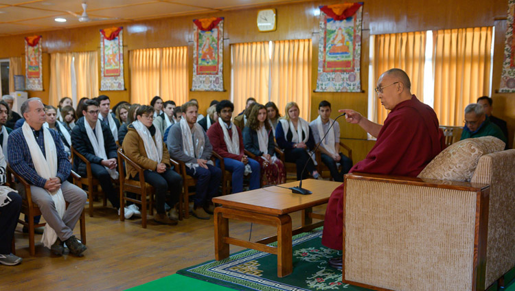 His Holiness the Dalai Lama speaking to a group of gap year students based in Israel during their meeting at his residence in Dharamsala, HP, India on January 28, 2019. Photo by Tenzin Choejor