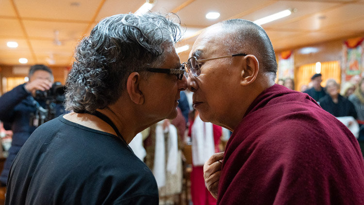 His Holiness the Dalai Lama greeting Deepak Chopra in the Maori style of rubbing noses at the start of their meeting at his residence in Dharamsala, HP, India on February 11, 2019. Photo by Tenzin Choejor His Holiness the Dalai Lama greeting Deepak Chopra in the Maori style of rubbing noses at the start of their meeting at his residence in Dharamsala, HP, India on February 11, 2019. Photo by Tenzin Choejor