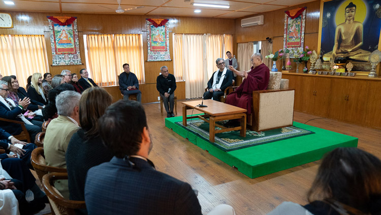 His Holiness the Dalai Lama speaking to a group led by Deepak Chopra at his residence in Dharamsala, HP, India on February 11, 2019. Photo by Tenzin Choejor His Holiness the Dalai Lama speaking to a group led by Deepak Chopra at his residence in Dharamsala, HP, India on February 11, 2019. Photo by Tenzin Choejor