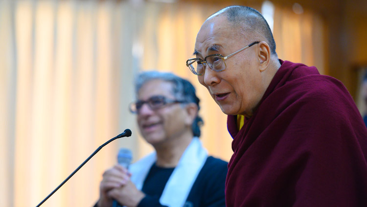His Holiness the Dalai Lama answering a question from the audience during his meeting with Deepak Chopra and a group of his friends in Dharamsala, HP, India on February 11, 2019. Photo by Tenzin Choejor His Holiness the Dalai Lama answering a question from the audience during his meeting with Deepak Chopra and a group of his friends in Dharamsala, HP, India on February 11, 2019. Photo by Tenzin Choejor
