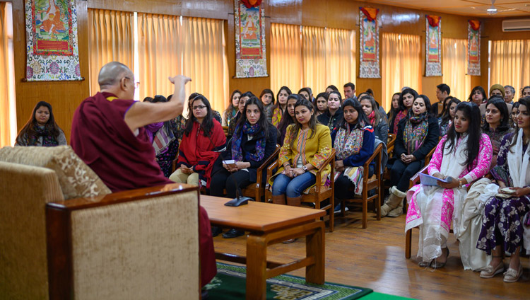 His Holiness the Dalai Lama speaking to 75 members of the Young FICCI Ladies Organisation at his residence in Dharamsala, HP, India on February 18, 2019. Photo by Tenzin Choejor His Holiness the Dalai Lama speaking to 75 members of the Young FICCI Ladies Organisation at his residence in Dharamsala, HP, India on February 18, 2019. Photo by Tenzin Choejor