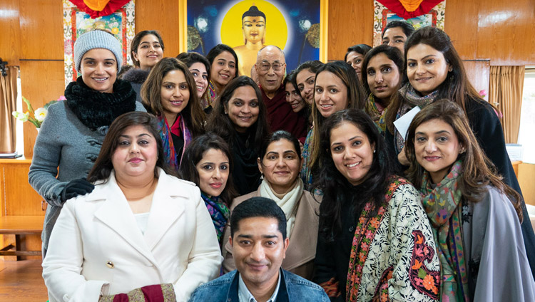 His Holiness the Dalai Lama posing for a group photo with members of the audience after his meeting with women from the Young FICCI Ladies Organisation at his residence in Dharamsala, HP, India on February 18, 2019. Photo by Tenzin Choejor His Holiness the Dalai Lama posing for a group photo with members of the audience after his meeting with women from the Young FICCI Ladies Organisation at his residence in Dharamsala, HP, India on February 18, 2019. Photo by Tenzin Choejor