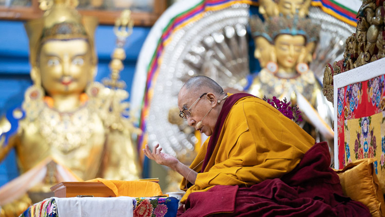 His Holiness the Dalai Lama reading from Bhavaviveka's "Essence of the Middle Way" on the first day of his teachings at the Main Tibetan Temple in Dharamsala, HP, India on February 20, 2019. Photo by Tenzin Choejor His Holiness the Dalai Lama reading from Bhavaviveka's "Essence of the Middle Way" on the first day of his teachings at the Main Tibetan Temple in Dharamsala, HP, India on February 20, 2019. Photo by Tenzin Choejor