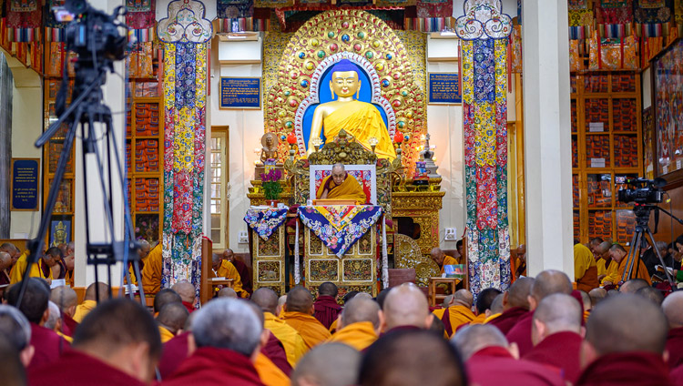A view inside the Main Tibetan Temple on the first day of His Holiness the Dalai Lama's teachings in Dharamsala, HP, India on February 20, 2019. Photo by Tenzin Choejor A view inside the Main Tibetan Temple on the first day of His Holiness the Dalai Lama's teachings in Dharamsala, HP, India on February 20, 2019. Photo by Tenzin Choejor