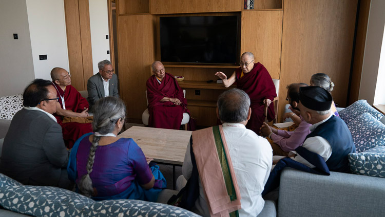 His Holiness the Dalai Lama meeting with a group of Indian professors who are preparing a course of study focussing on Ancient Indian Knowledge in New Delhi, India on April 5, 2019. Photo by Tenzin Choejor His Holiness the Dalai Lama meeting with a group of Indian professors who are preparing a course of study focussing on Ancient Indian Knowledge in New Delhi, India on April 5, 2019. Photo by Tenzin Choejor