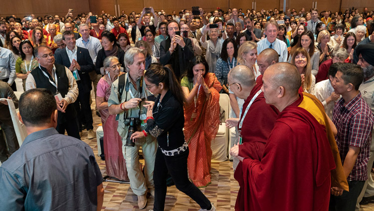 His Holiness the Dalai Lama arriving at the meeting hall for the unveiling of the SEE Learning curriculum in New Delhi, India on April 5, 2019. Photo by Tenzin Choejor His Holiness the Dalai Lama arriving at the meeting hall for the unveiling of the SEE Learning curriculum in New Delhi, India on April 5, 2019. Photo by Tenzin Choejor