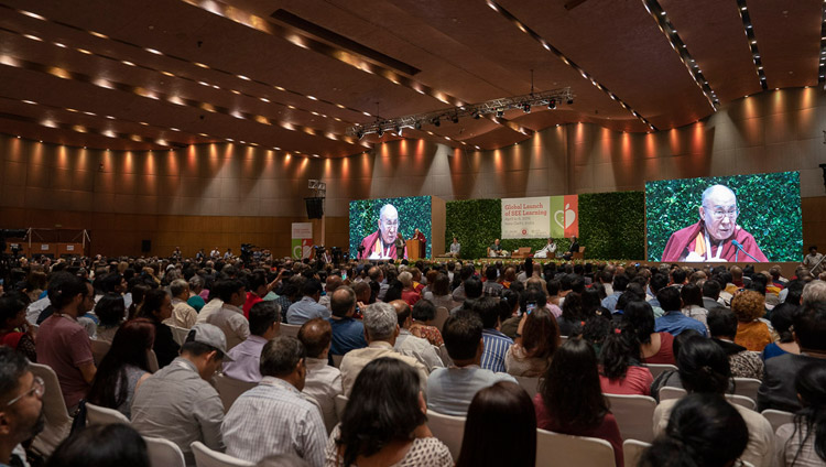 View of the stage from the back of the hall during His Holiness the Dalai Lama's opening address at the global launch of SEE Learning in New Delhi, India on April 5, 2019. Photo by Tenzin Choejor View of the stage from the back of the hall during His Holiness the Dalai Lama's opening address at the global launch of SEE Learning in New Delhi, India on April 5, 2019. Photo by Tenzin Choejor