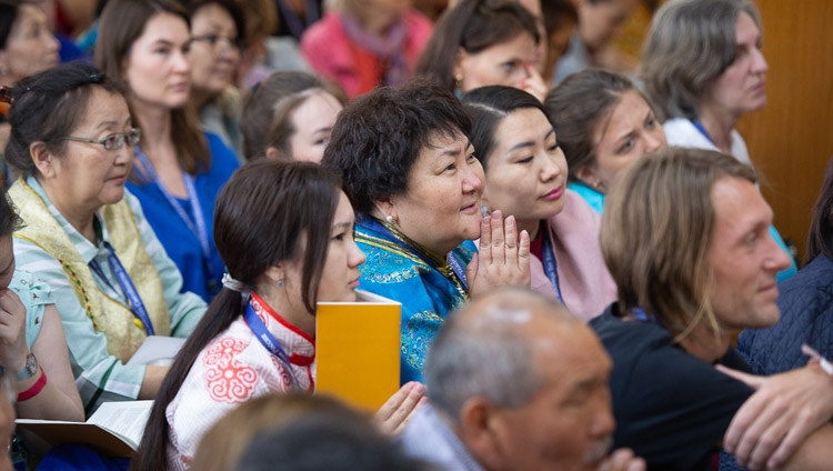 Members of the audience listening to His Holiness the Dalai Lama on the second day of his teachings requested by Russian Buddhists at the Main Tibetan Temple in Dharamsala, HP, India on May 11, 2019. Photo by Lobsang Tsering Members of the audience listening to His Holiness the Dalai Lama on the second day of his teachings requested by Russian Buddhists at the Main Tibetan Temple in Dharamsala, HP, India on May 11, 2019. Photo by Lobsang Tsering