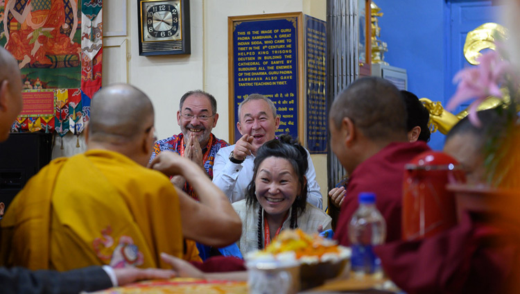 His Holiness the Dalai Lama greeting members of the audience as he arrives at the Main Tibetan Temple for the final day of his teachings requested by Russian Buddhists in Dharamsala, HP, India on May 12, 2019. Photo by Tenzin Choejor His Holiness the Dalai Lama greeting members of the audience as he arrives at the Main Tibetan Temple for the final day of his teachings requested by Russian Buddhists in Dharamsala, HP, India on May 12, 2019. Photo by Tenzin Choejor