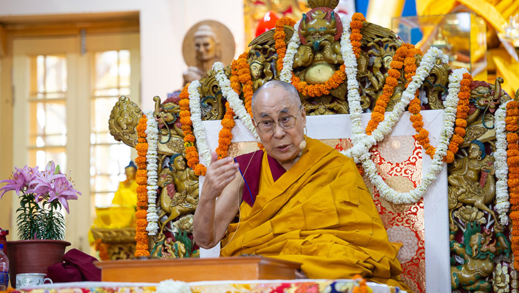 His Holiness the Dalai Lama speaking on the final day of his teachings at the Main Tibetan Temple in Dharamsala, HP, India on May 12, 2019. Photo by Lobsang Tsering His Holiness the Dalai Lama speaking on the final day of his teachings at the Main Tibetan Temple in Dharamsala, HP, India on May 12, 2019. Photo by Lobsang Tsering