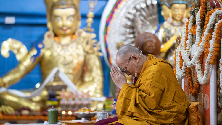 His Holiness the Dalai Lama conducting the ceremony for generating the awakening mind on the final day of his teachings at the Main Tibetan Temple in Dharamsala, HP, India on May 12, 2019. Photo by Lobsang Tsering His Holiness the Dalai Lama conducting the ceremony for generating the awakening mind on the final day of his teachings at the Main Tibetan Temple in Dharamsala, HP, India on May 12, 2019. Photo by Lobsang Tsering